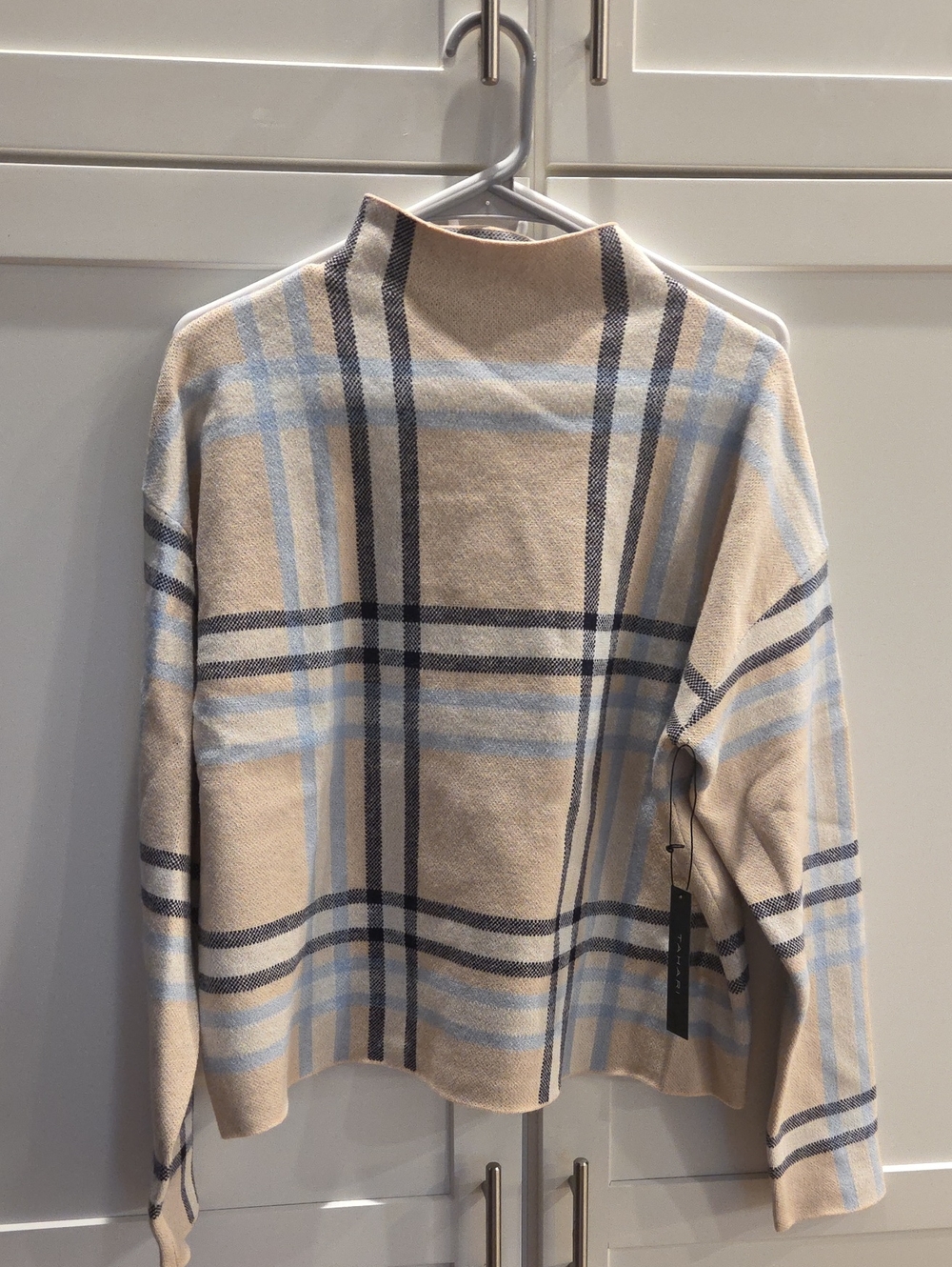 Women's Plaid Mock Neck Sweater - Beige & Light Blue